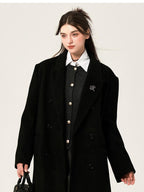 ikyou Wool Blend Double Breasted Straight Mid Length Office Tailored Black Long Coats