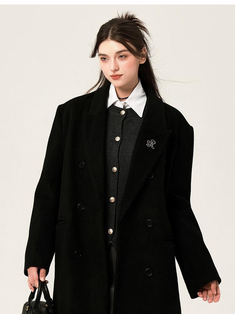 ikyou Wool Blend Double Breasted Straight Mid Length Office Tailored Black Long Coats