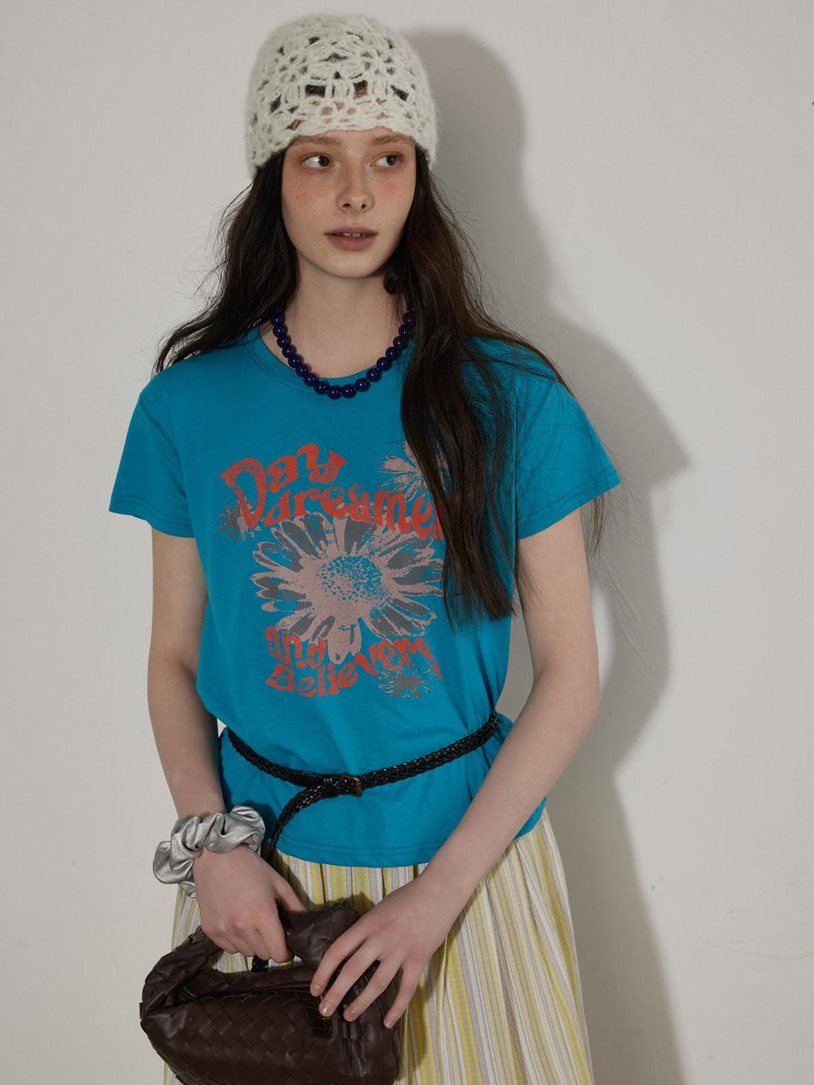 Lofi choose Cotton Floral Printed Loose Casual Round Neck Women Blue Short Sleeve T-Shirts
