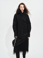 audreyyang Fringe Front Slit Mid Waist Straight Elastic Waist Lined Women Black Midi Skirts
