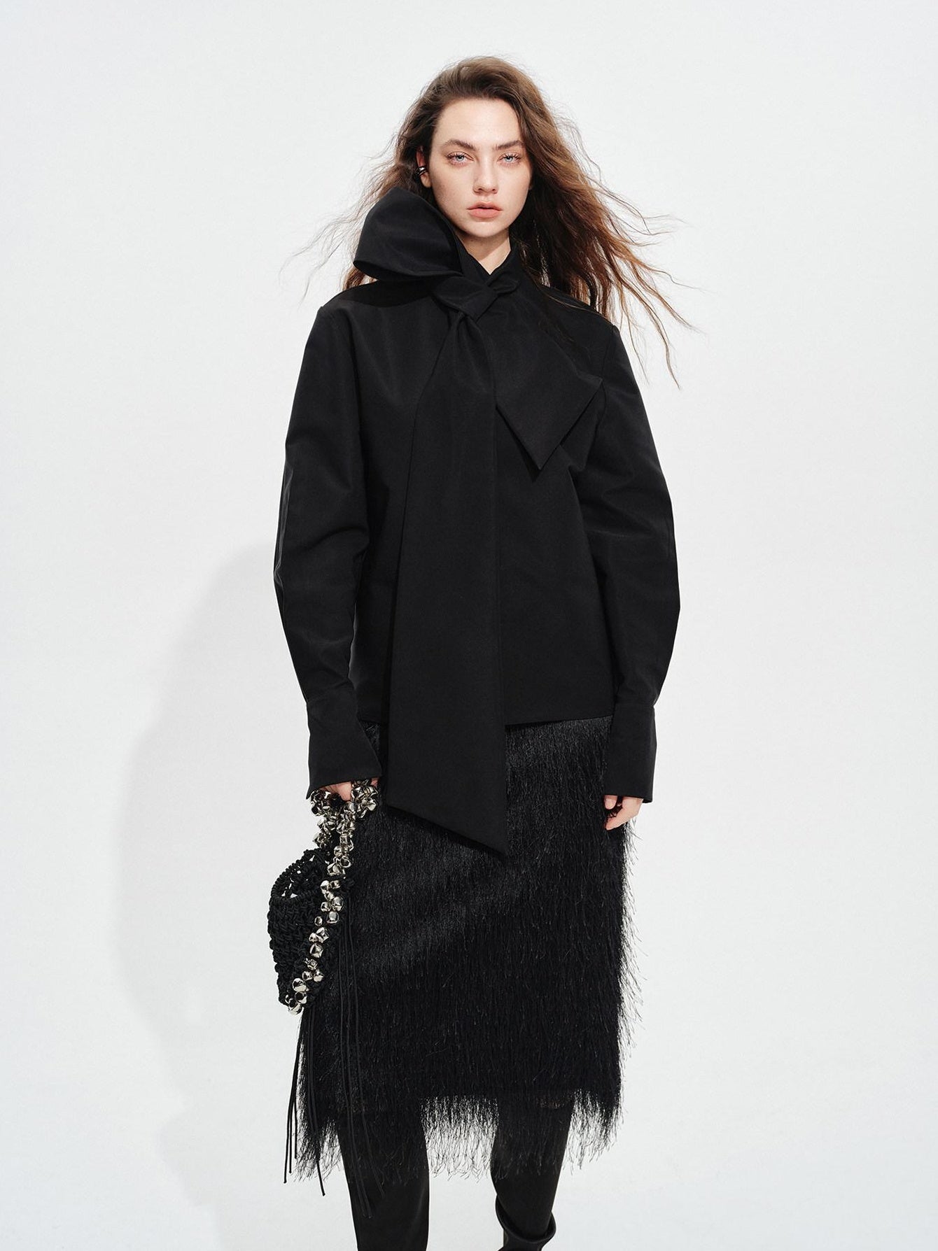 audreyyang Fringe Front Slit Mid Waist Straight Elastic Waist Lined Women Black Midi Skirts