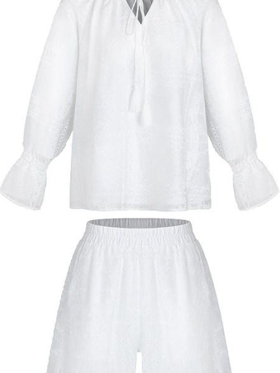 fano Breathable Lyocell Relaxed Three Quarter Sleeve White Lounge Top & Shorts Sets