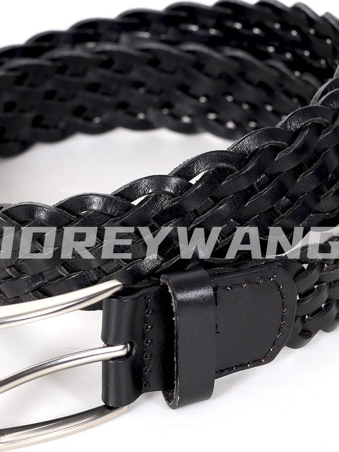audreyyang Premium Cowhide Woven Leather Square Buckle Women Classic Belts