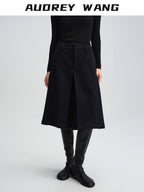 audreyyang 100% Sheep Wool Loose Natural Waist Zip Fly Black Mid-Length Shorts