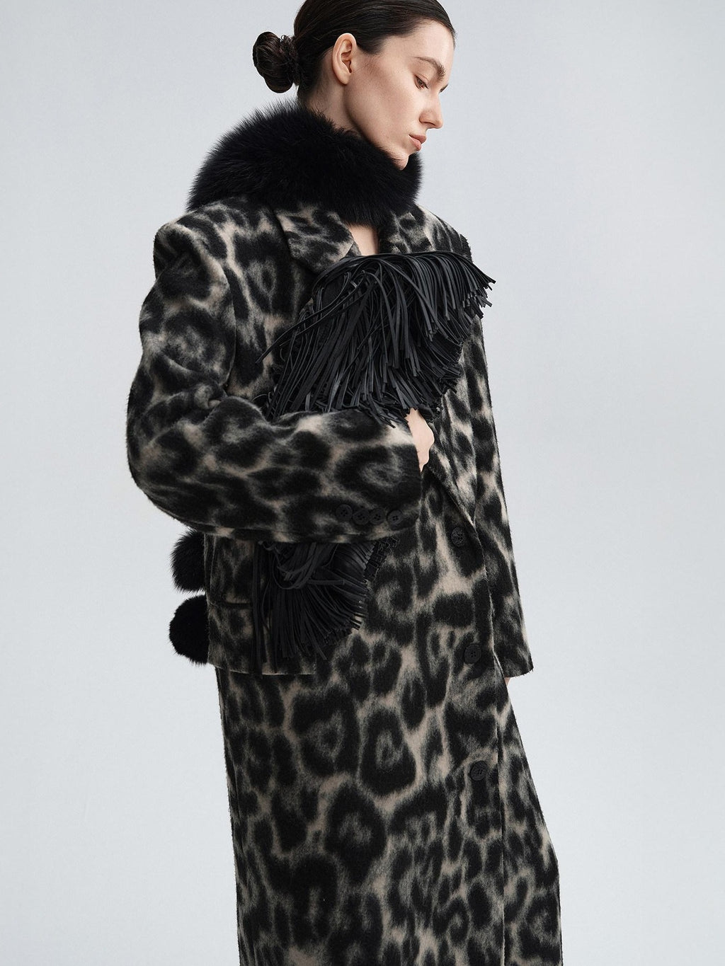 audreyyang Thick Wool Blend Retro Loose Leopard Double Breasted Lapel Long Coats