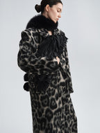 audreyyang Thick Wool Blend Retro Loose Leopard Double Breasted Lapel Long Coats