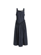 unspoken Minimalist Pleated Cinched Waist Cotton A Line Strap Dress Women Maxi Dresses