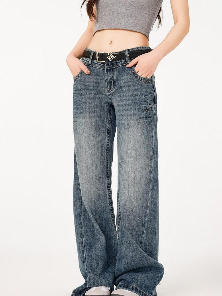 ikyou Durable Distressed Washed Blue Relaxed Natural Waist Rigid Denim Wide Leg Jeans