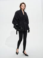 audreyyang Tie Front Vintage Oversized Batwing Sleeve Women Polyester Cropped Jackets