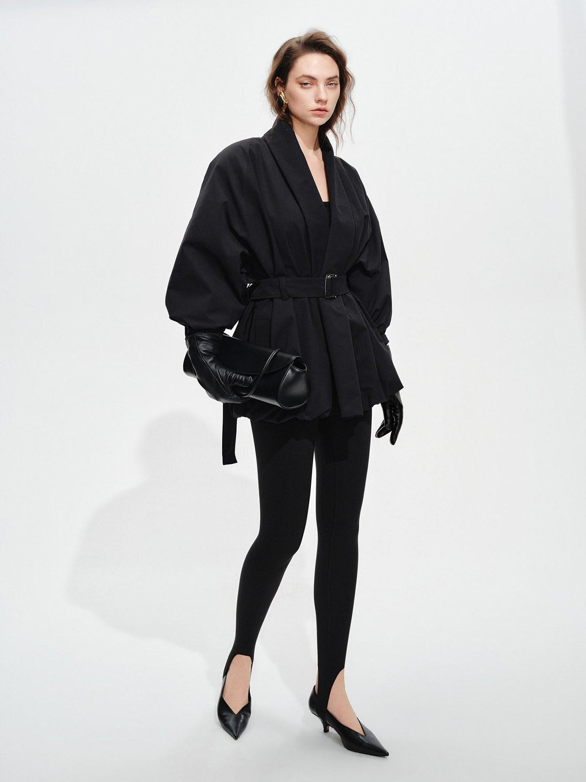 audreyyang Tie Front Vintage Oversized Batwing Sleeve Women Polyester Cropped Jackets