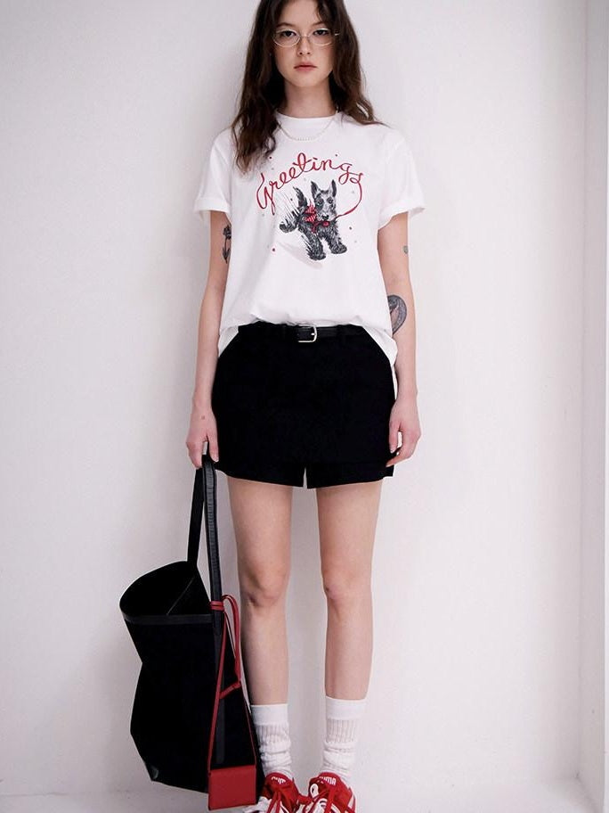 fano Cotton Blend Korean Loose Fit Crewneck Women White Printed Short Sleeve T-Shirts