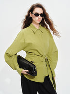 audreyyang Shape Retaining Casual Relaxed Tie Drop Shoulder Women Cotton Blend Shirts