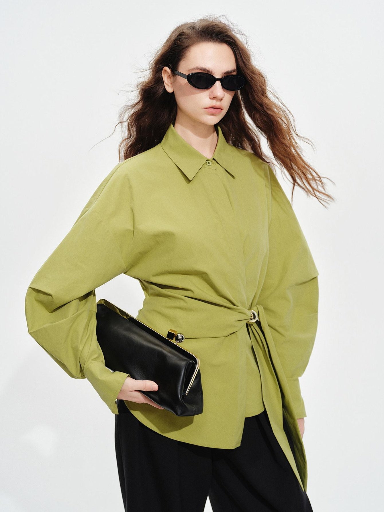 audreyyang Shape Retaining Casual Relaxed Tie Drop Shoulder Women Cotton Blend Shirts