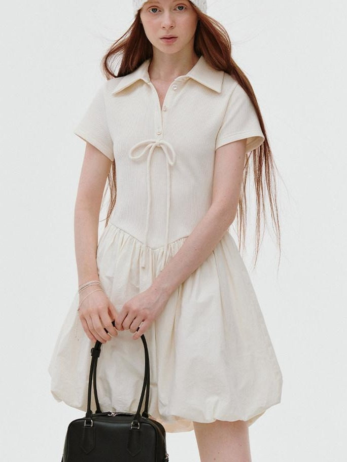 fano Stretch Short Sleeve Polo Cocoon Bubble Skirt Natural Waist Beige Midi Dresses