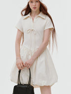 fano Stretch Short Sleeve Polo Cocoon Bubble Skirt Natural Waist Beige Midi Dresses