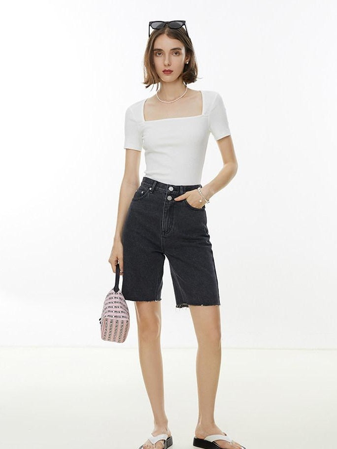 fano Creative Square Neck Slim Fit Minimalist Women Black White Short Sleeve T-Shirts