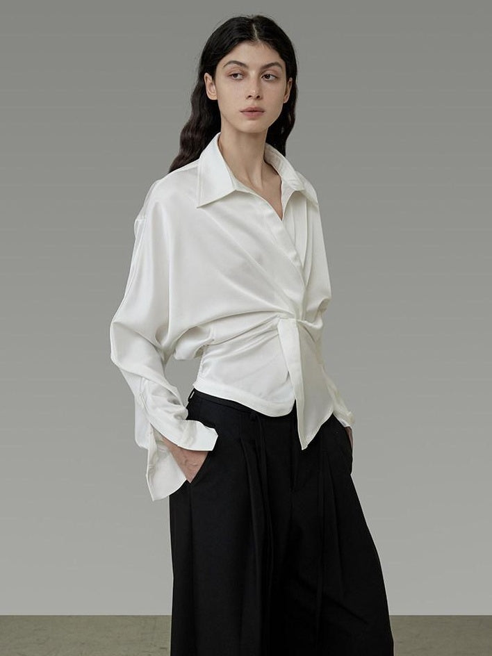 unspoken Shape Retaining Relaxed Slim V-neck Button Long Sleeve Women Polyester Blouses