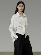 unspoken Shape Retaining Relaxed Slim V-neck Button Long Sleeve Women Polyester Blouses