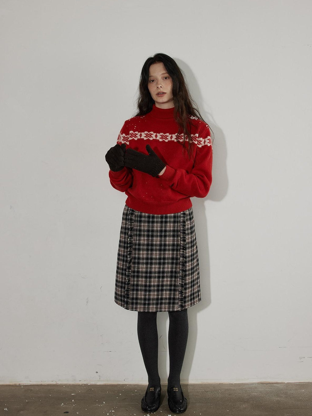 Lofi choose Cozy Wool Knit Office Loose Fit Mock Neck Long Sleeve Red Sweaters