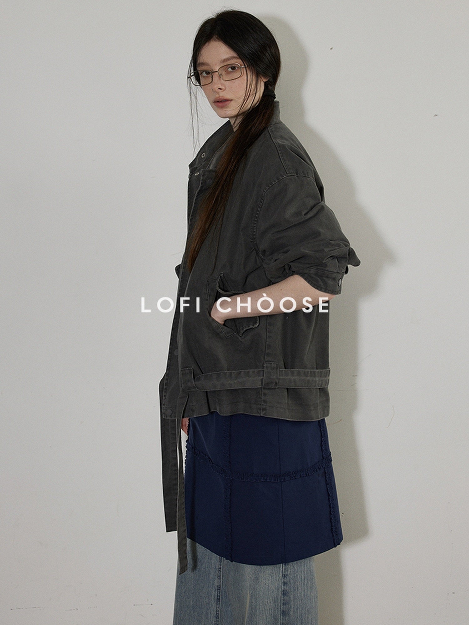 Lofi choose Breathable Drawstring Oversized Commuter Women Button Mud Gray Denim Jackets
