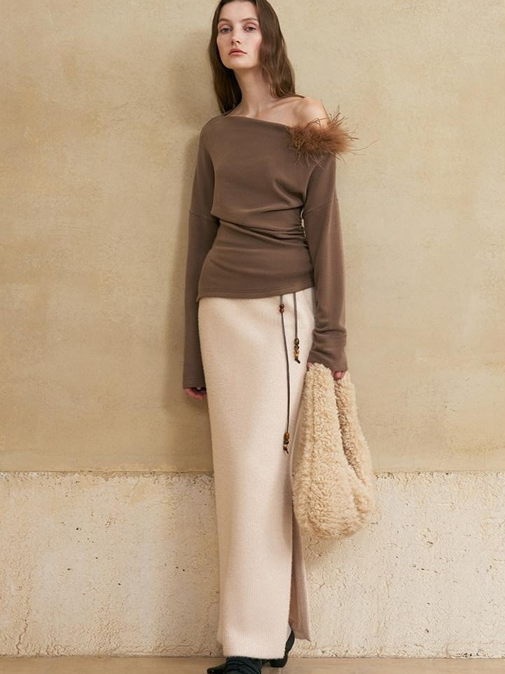 someonesometimes 3D Embellished Asymmetrical Neck Slim Crop Knit Wool Blend Sweaters
