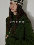 Lofi choose Thick Loose Fit Commuter Round Neck Pullover Women Knit Green Brown Sweaters