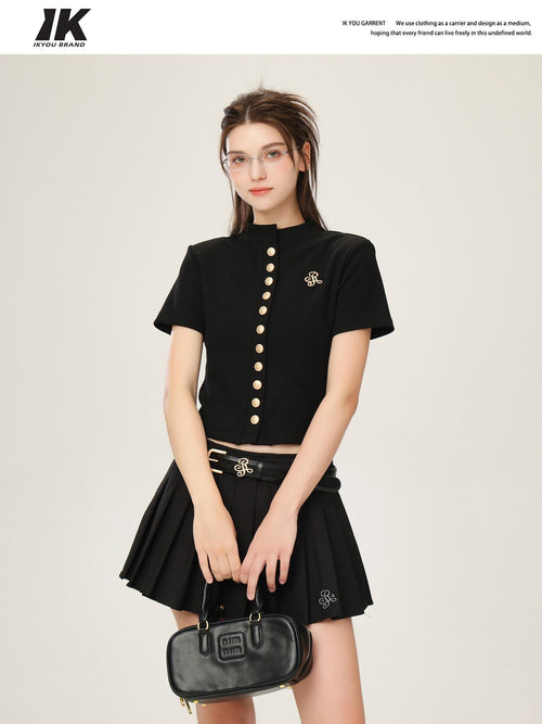 ikyou 3D Embellished Minimal Slim Short Sleeve Stand Collar Black Knit Women Cardigans