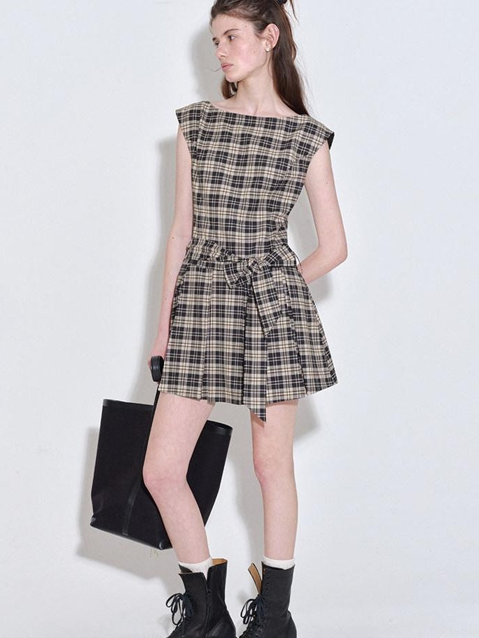 fano Plaid Sleeveless H Line Natural Waist Office Dress For Women Midi Dresses