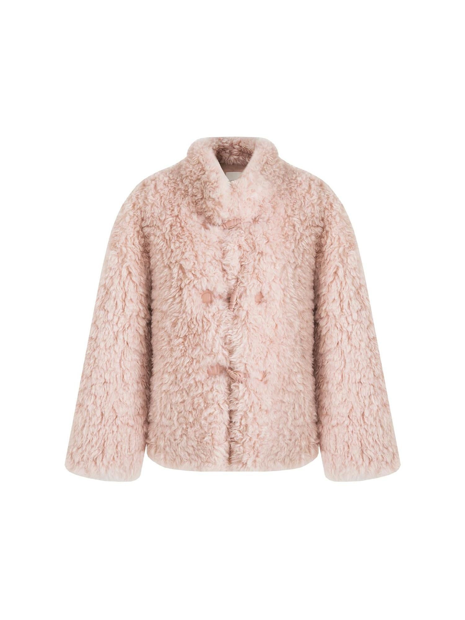 unspoken Warm Thick Stand Collar Loose Fit Rounded Hem Women Pink Solid Short Coat