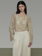unspoken Breathable Lyocell Embroidered Vintage Loose Round Neck Women Almond Blouses