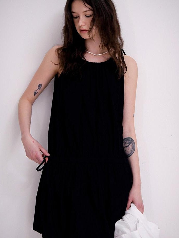fano Soft Viscose Blend Korean Office A Line Sleeveless Black Midi Dresses