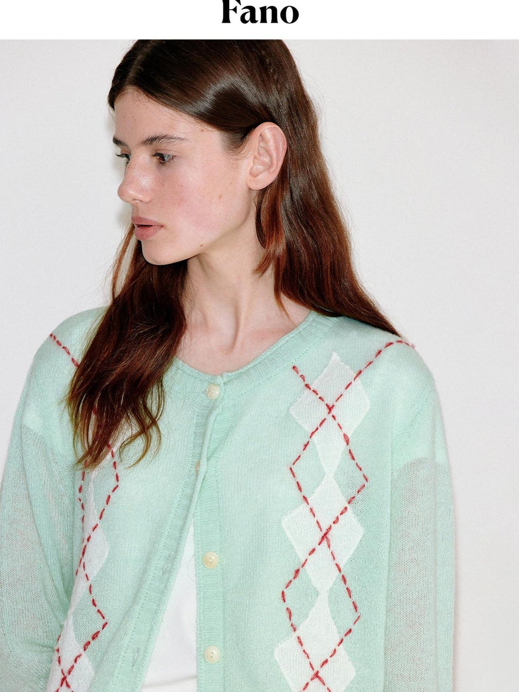fano Warm Wool Blend Diamond Loose Fit Commuter Round Neck Mint Cardigans