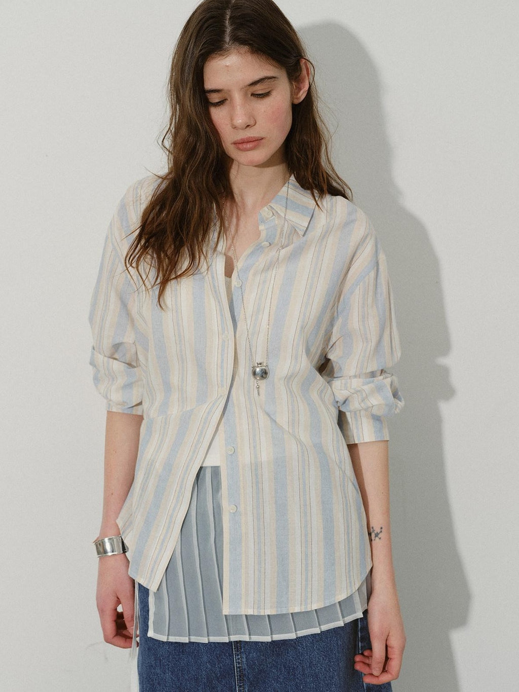 Lofi choose 100 Percent Cotton Loose Colorblock Women Blue Stripe Lapel Long Sleeve Shirts