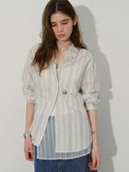 Lofi choose 100 Percent Cotton Loose Colorblock Women Blue Stripe Lapel Long Sleeve Shirts