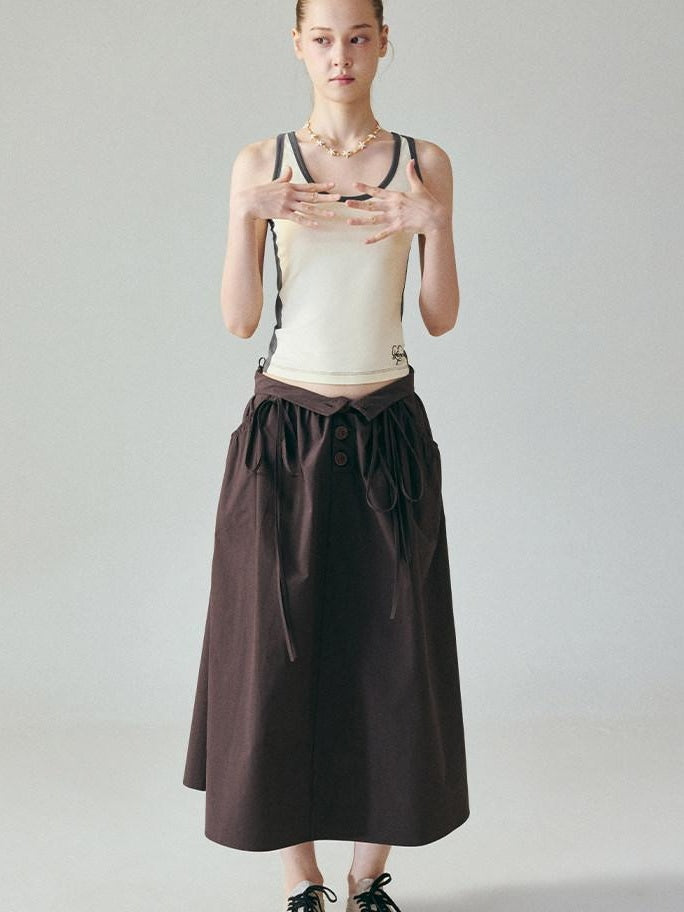 fano Soft 100 Percent Cotton Aline Mid Waist Flowy Korean Plain Brown Maxi Skirts