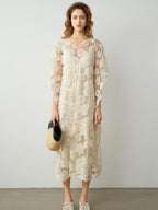 audreyyang Comfortable Polyester Insta Loose Fit V-neck Short Sleeve A Line Maxi Dresses