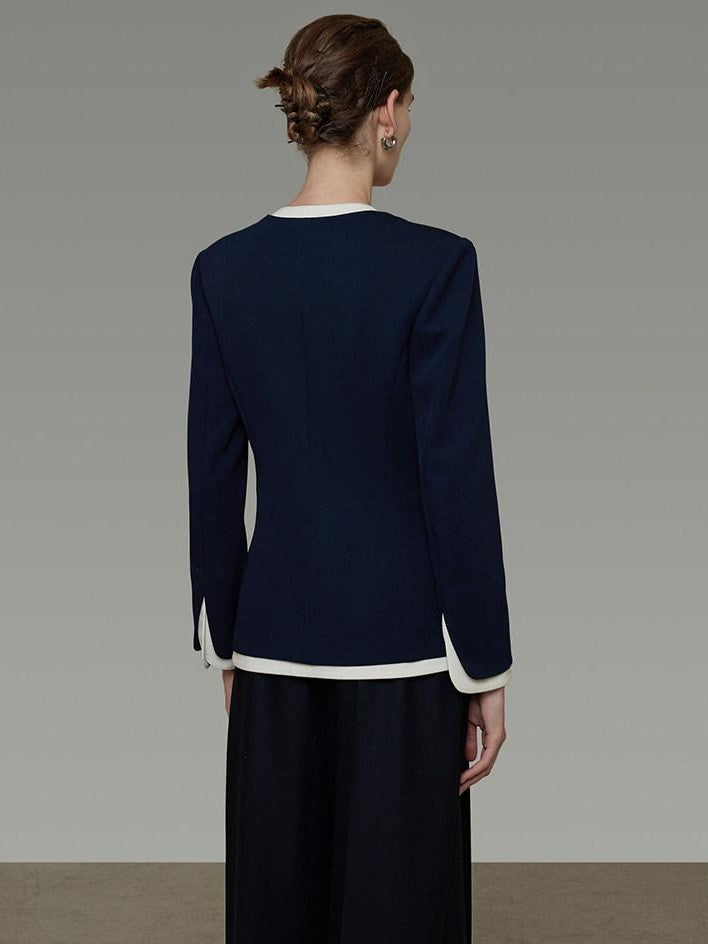 unspoken Durable Shape Loose Office Button Flap Pocket Women Navy Cropped Jackets