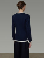 unspoken Durable Shape Loose Office Button Flap Pocket Women Navy Cropped Jackets