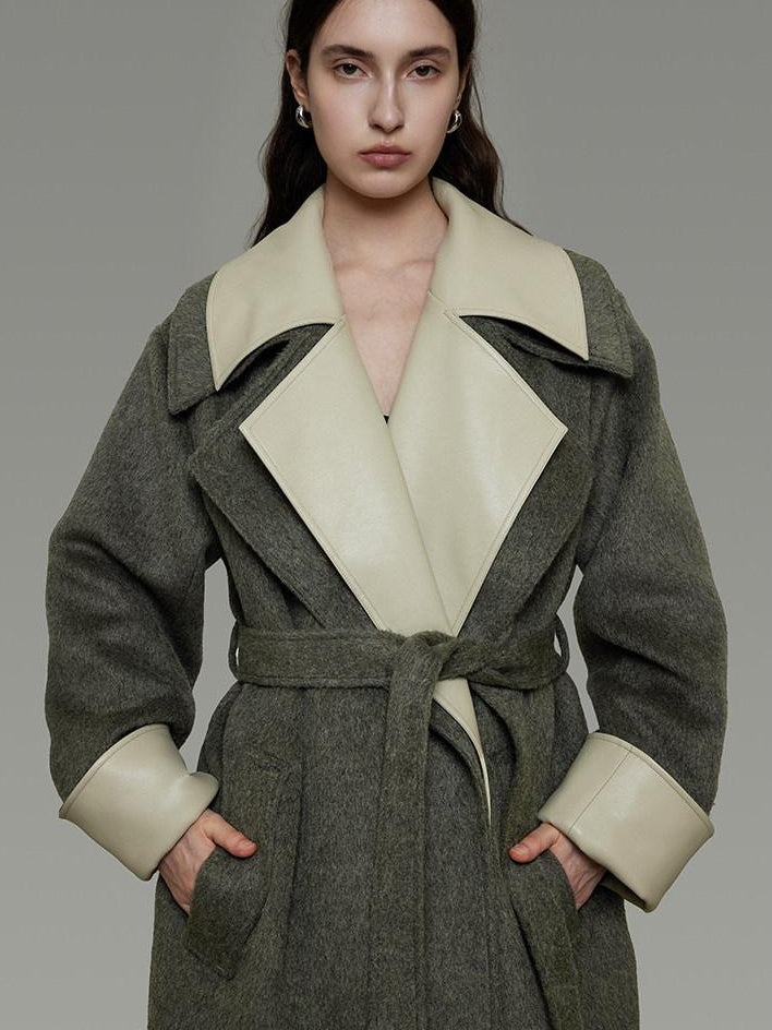 unspoken Minimal Commuter Oversized Long Notch Collar Olive Green Wool Blend Wool Coats