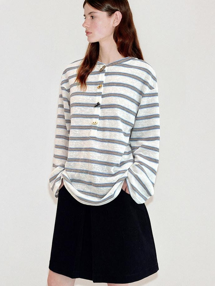 fano Cotton Blend Relaxed Loose Round Neck Women Striped Long Sleeve T-Shirts