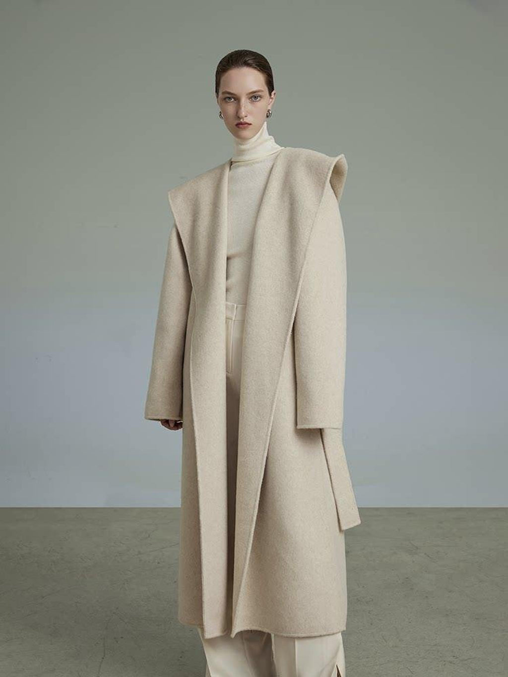 unspoken Premium 90 Wool 10 Alpaca Hooded Minimal Straight Long Oatmeal Wool Coats