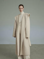 unspoken Premium 90 Wool 10 Alpaca Hooded Minimal Straight Long Oatmeal Wool Coats