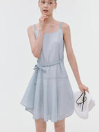fano Elegant High Waist Aline Sleeveless Tie Waist Lyocell Light Blue Midi Dresses