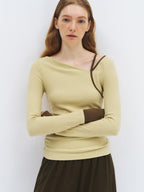 someonesometimes Stretch Casual Slim Asymmetric Neck Women Lemongrass Yellow Long Sleeve T-Shirts
