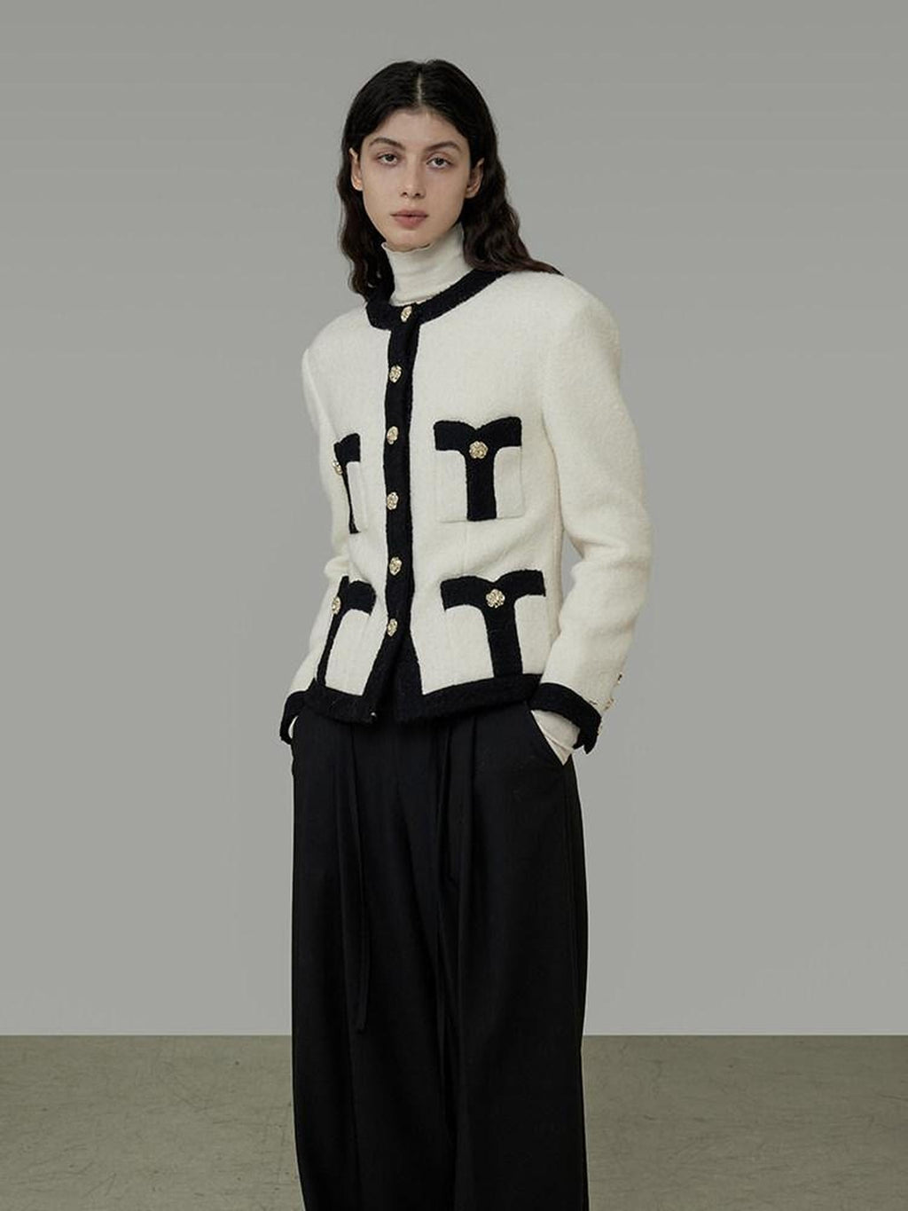 unspoken Black White Colorblock Office Loose Cropped Round Neck Buttoned Knit Cardigans