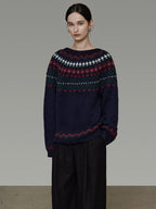 unspoken Warm Jacquard Colorblock Loose Commuter Crewneck Women Acrylic Blend Sweaters