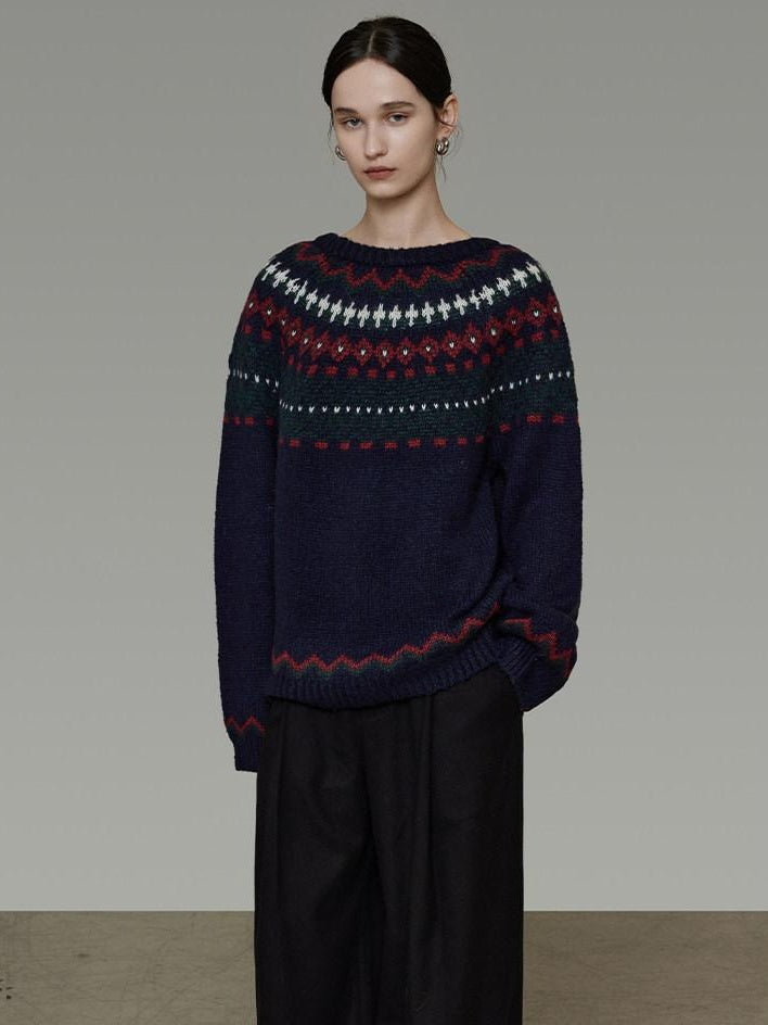 unspoken Warm Jacquard Colorblock Loose Commuter Crewneck Women Acrylic Blend Sweaters