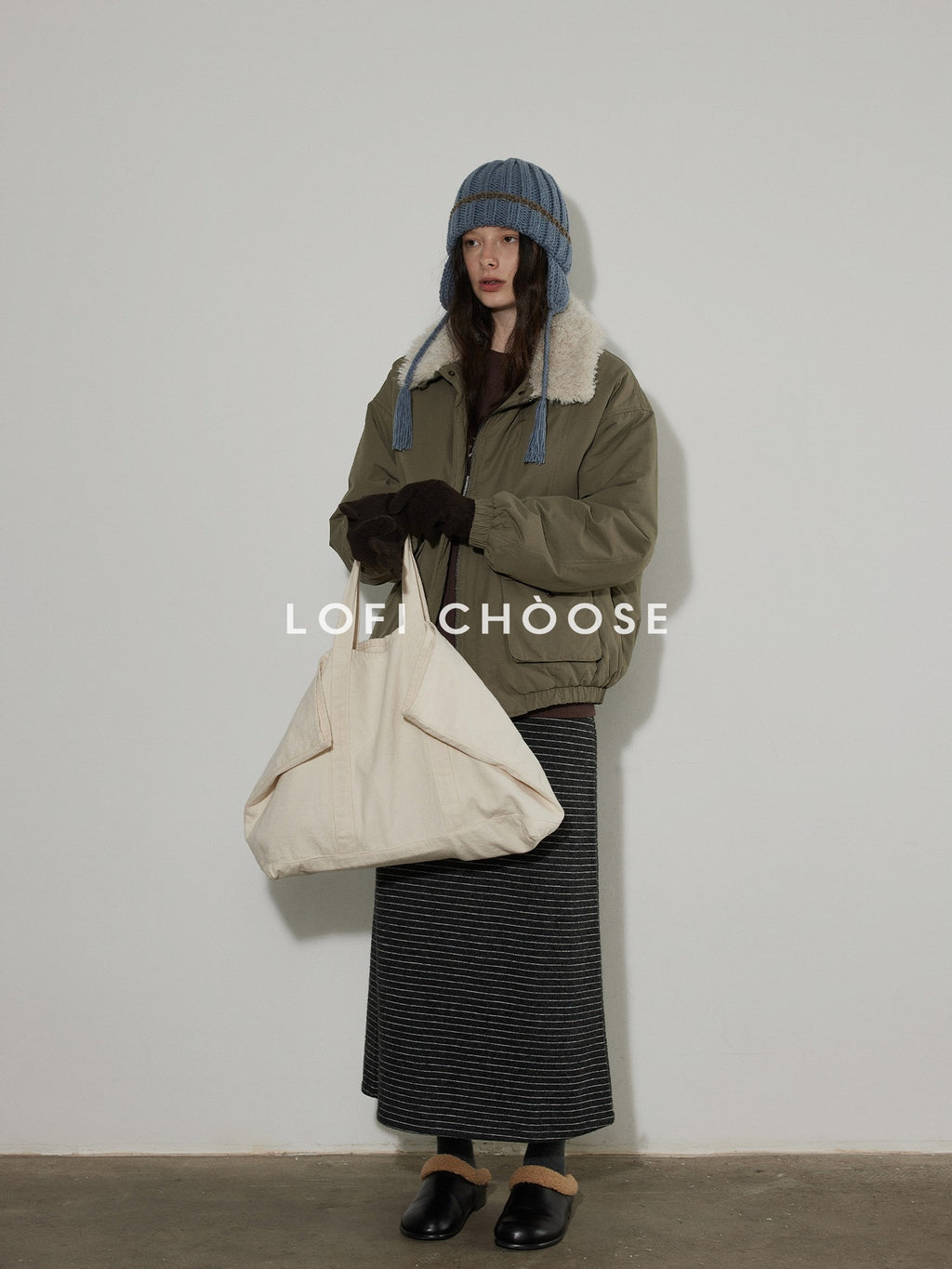 Lofi choose Warm Thick Loose Fit Commuter Zipper Long Sleeve Green Haze Gray Bomber Jackets