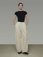 unspoken High Waist Lyocell Blend Pleated Button Minimal Workwear Wide Leg Pants