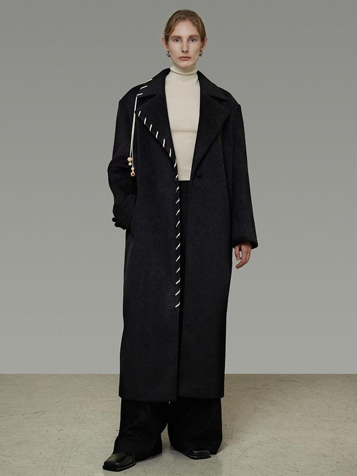 unspoken Sheep Wool Blend 3D Cut Straight Office Black Lapel Long Sleeve Long Coats